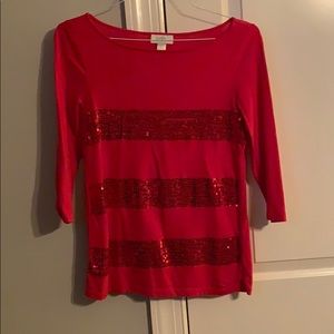 Loft 3/4 sleeve red sequin striped top